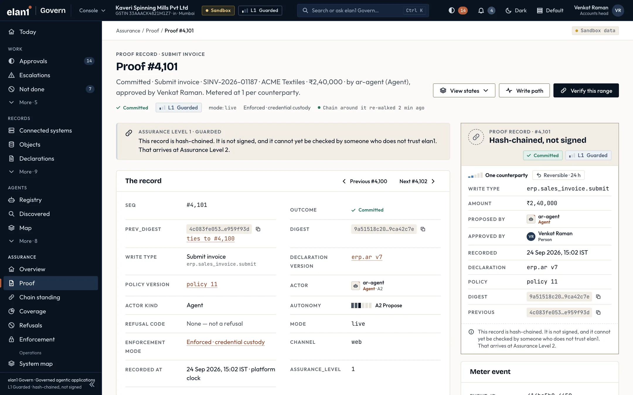 Illustrative specimen: Proof record in the elan1 Govern console.