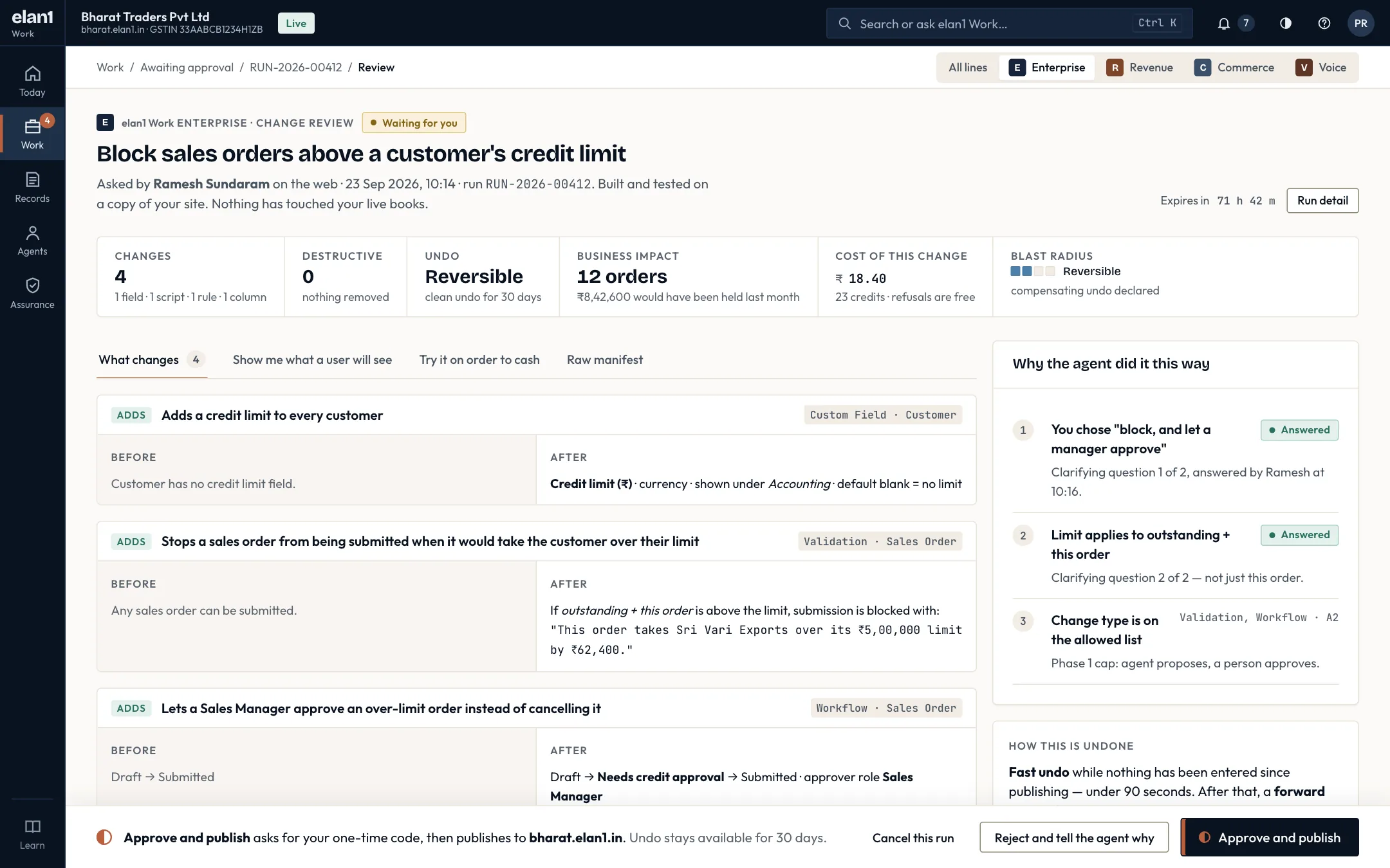 Illustrative specimen: the elan1 Work Change review screen. One change, before and after, in plain language: what it adds, what it would have done last month and how it is undone.
