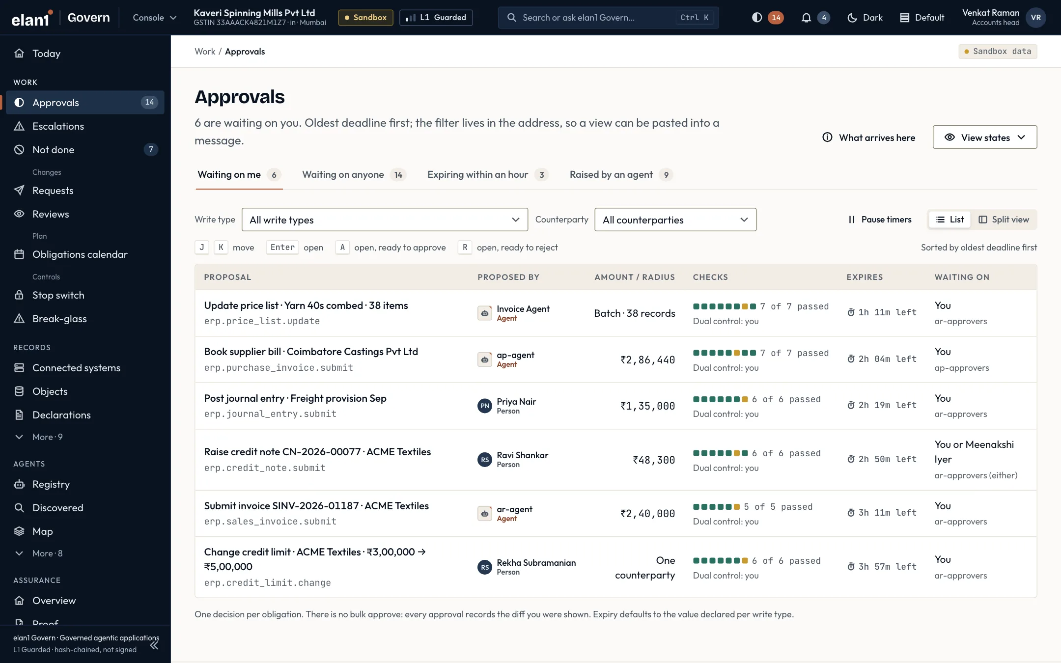 Govern console: Approvals inbox. Illustrative specimen.